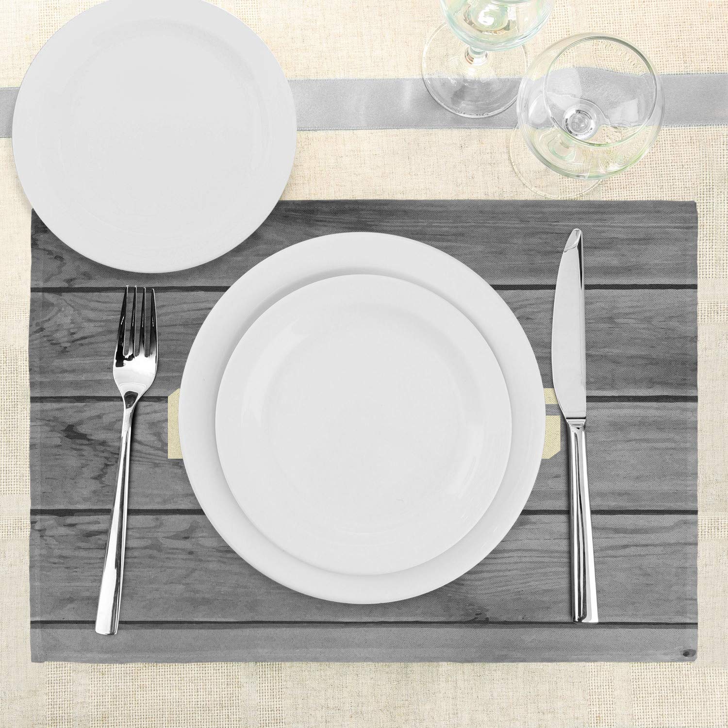 Ambesonne 4-Piece Fitness Themed Placemats Set - Washable Fabric Dining Table Mats with Wooden Planks & Aerobics Energy Training Design - Perfect for Gym Enthusiasts, Home Kitchen Decor, and Fitness Club Dining Areas (Pale Yellow, Black, Grey)