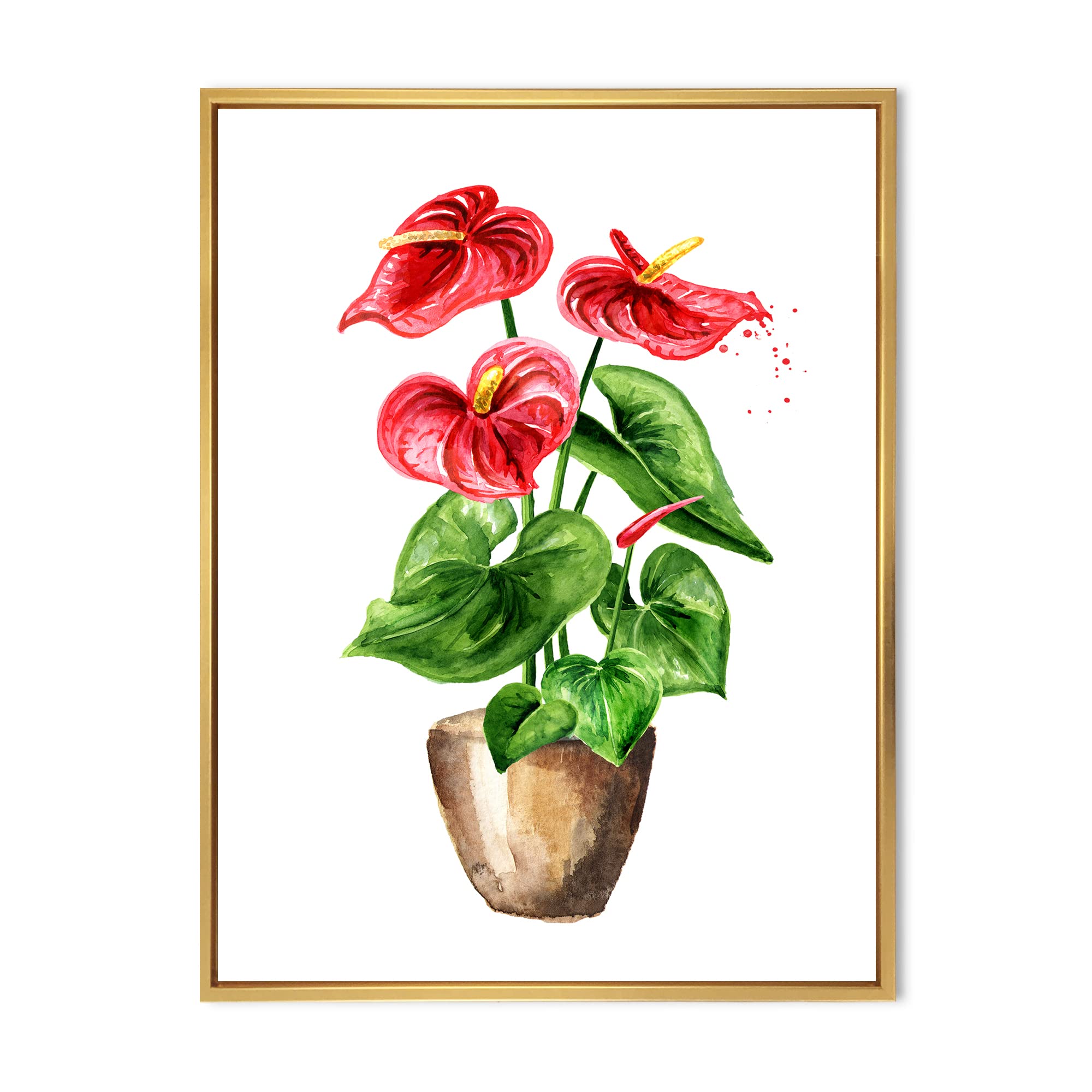 DesignQ Anthurium Tailflower or Flamingo Flower Potted Plant - Traditional Framed Canvas Wall Art Print for Home & Office Decor