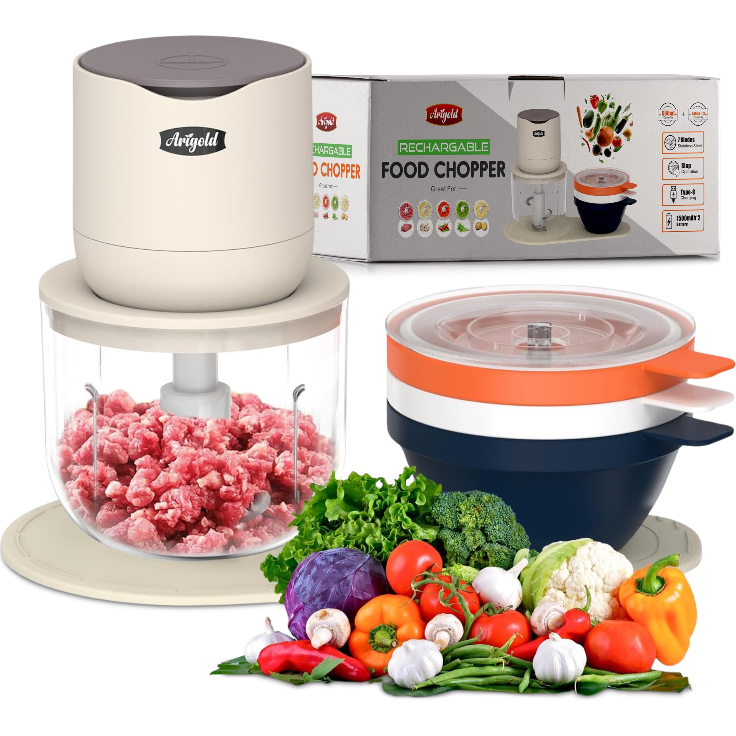 Slap-Operated Wireless Electric Food Processor - 600ML + 240ml Bowls - Vegetable Chopper & Mini Food Processor, Blender for Baby Food, Kitchen Appliances, Vegetable Cutter for Mincing and Dicing - Perfect for Meal Prep, Baby Food Making, and Quick Kitchen Tasks