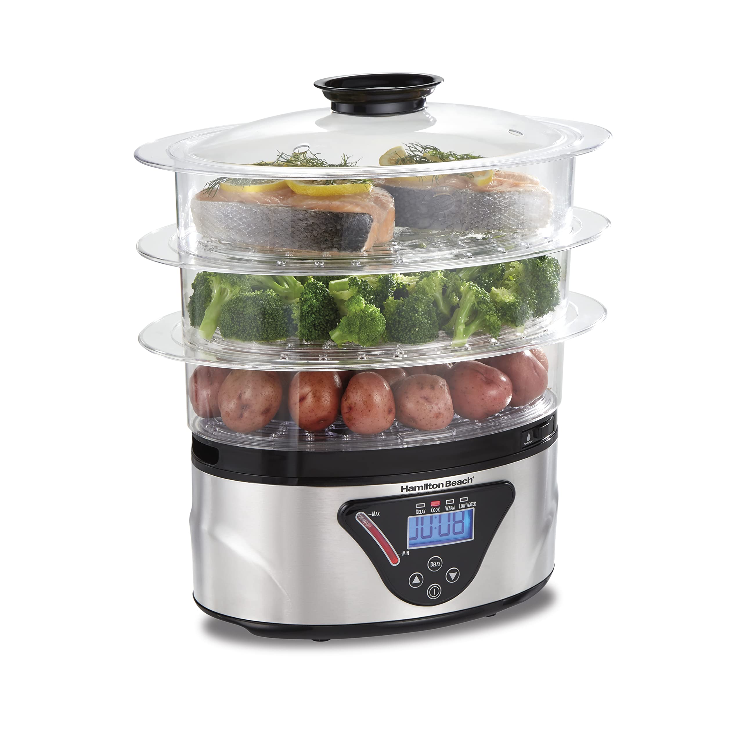 Hamilton Beach 8.25 Quart Digital Electric Food Steamer & Rice Cooker - 3-Tier Stackable Baskets for Vegetables, Seafood & Healthy Meals - Stainless Steel & Black - Perfect for Meal Prep, Dorm Cooking & Family Dinners