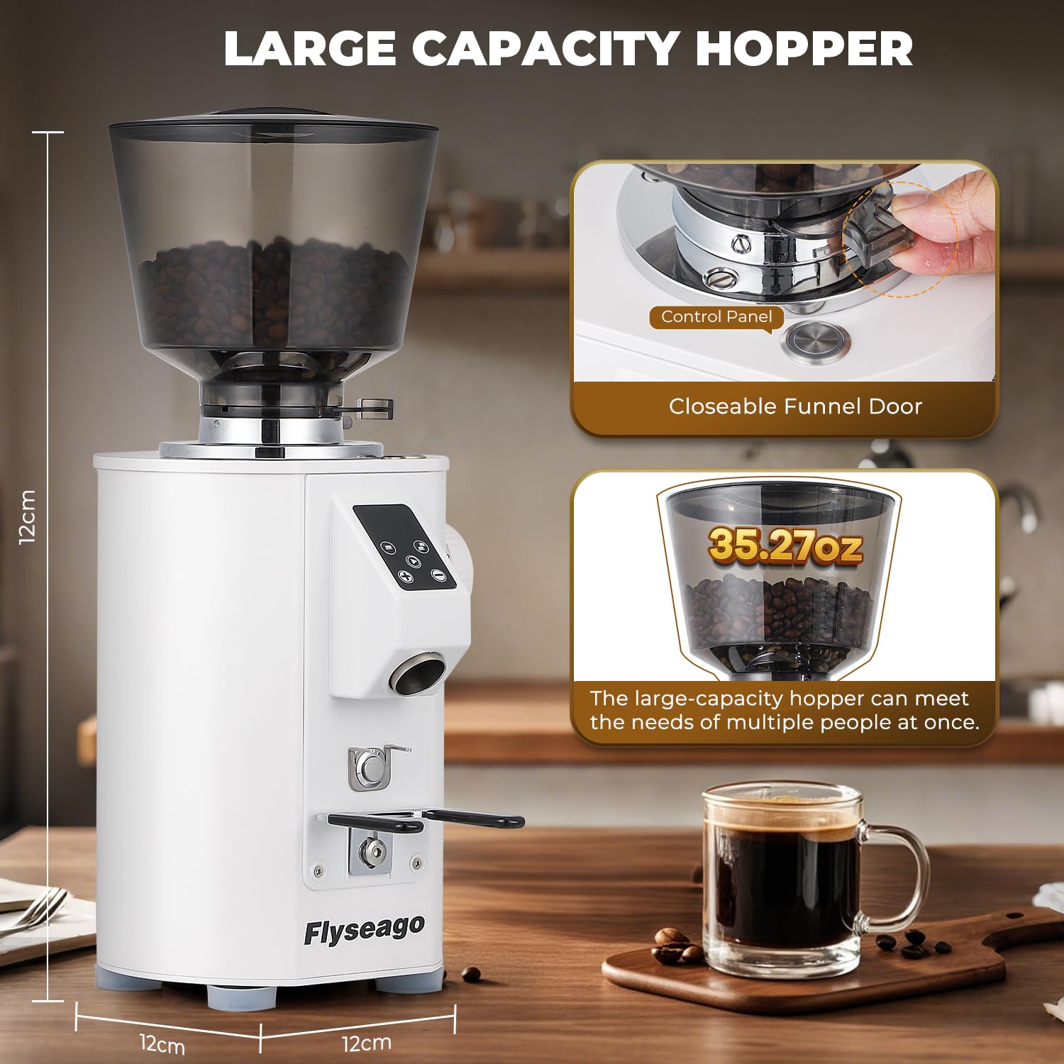 400W Commercial Electric Flat Burr Coffee Grinder - 8 Precise Settings for Espresso, French Press & Drip Coffee - Large 35.27oz Hopper & Grounds Tray - Perfect for Cafes, Restaurants & Home Baristas (White)