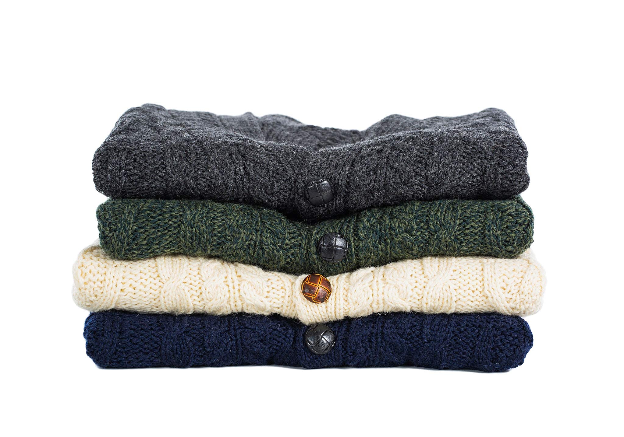 SAOL 100% Merino Wool Men's Aran Cable Knit V-Neck Cardigan Sweater - Irish Style Button-Up Casual Pullover with Pockets - Perfect for Fall, Winter & Office Wear