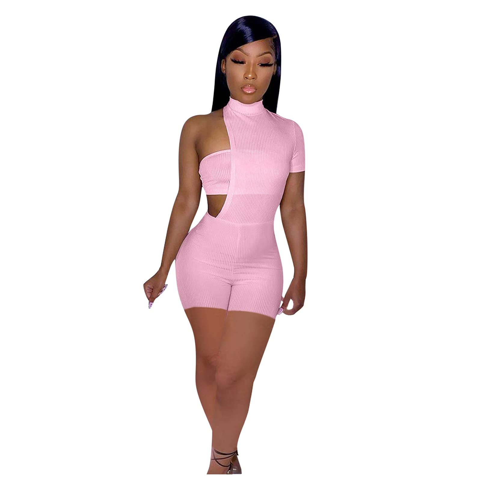 Asymmetrical High Neck Casual Jumpsuit for Women - Solid Color Fashion Romper with Bodycon Fit (Pink, Size S) | Perfect for Date Night, Office Wear & Summer Outfits