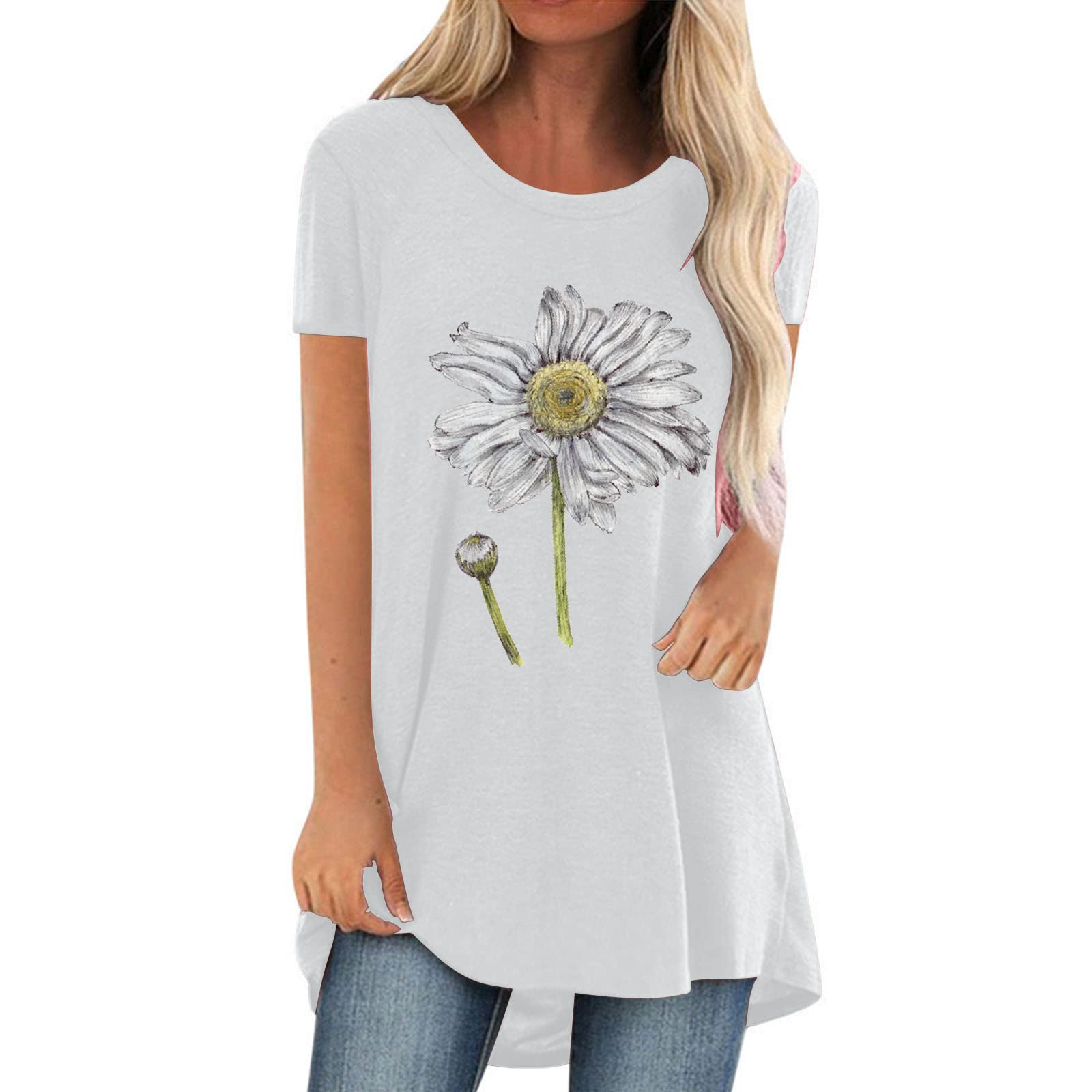 Women's Floral Print Summer Tunic Tops - Lightweight Short Sleeve Crewneck Loose Fit T-Shirts for Casual Wear, Beach Outings & Vacation Style