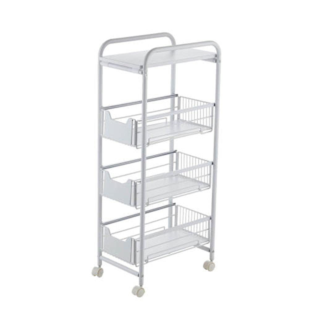 FQYEP 4-Tier Rolling Utility Cart with Wheels & Drawers - Slim Metal Bar Cart for Bathroom, Living Room, Kitchen - Easy to Assemble, White | Perfect for Storage, Organizing & Serving Drinks