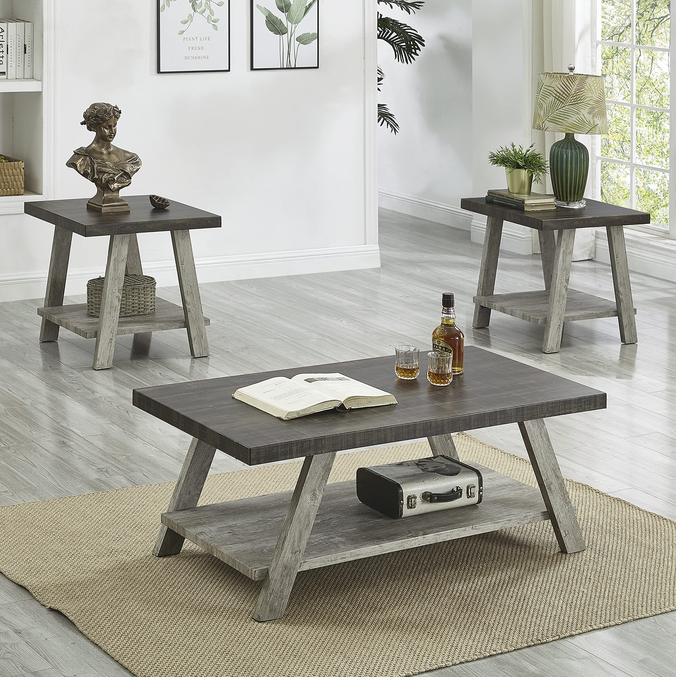 Roundhill Furniture Athens Contemporary 3-Piece Wood Shelf Coffee Table Set in Weathered Walnut & Gray - Modern Living Room Decor for Small Spaces, Apartments & Home Office