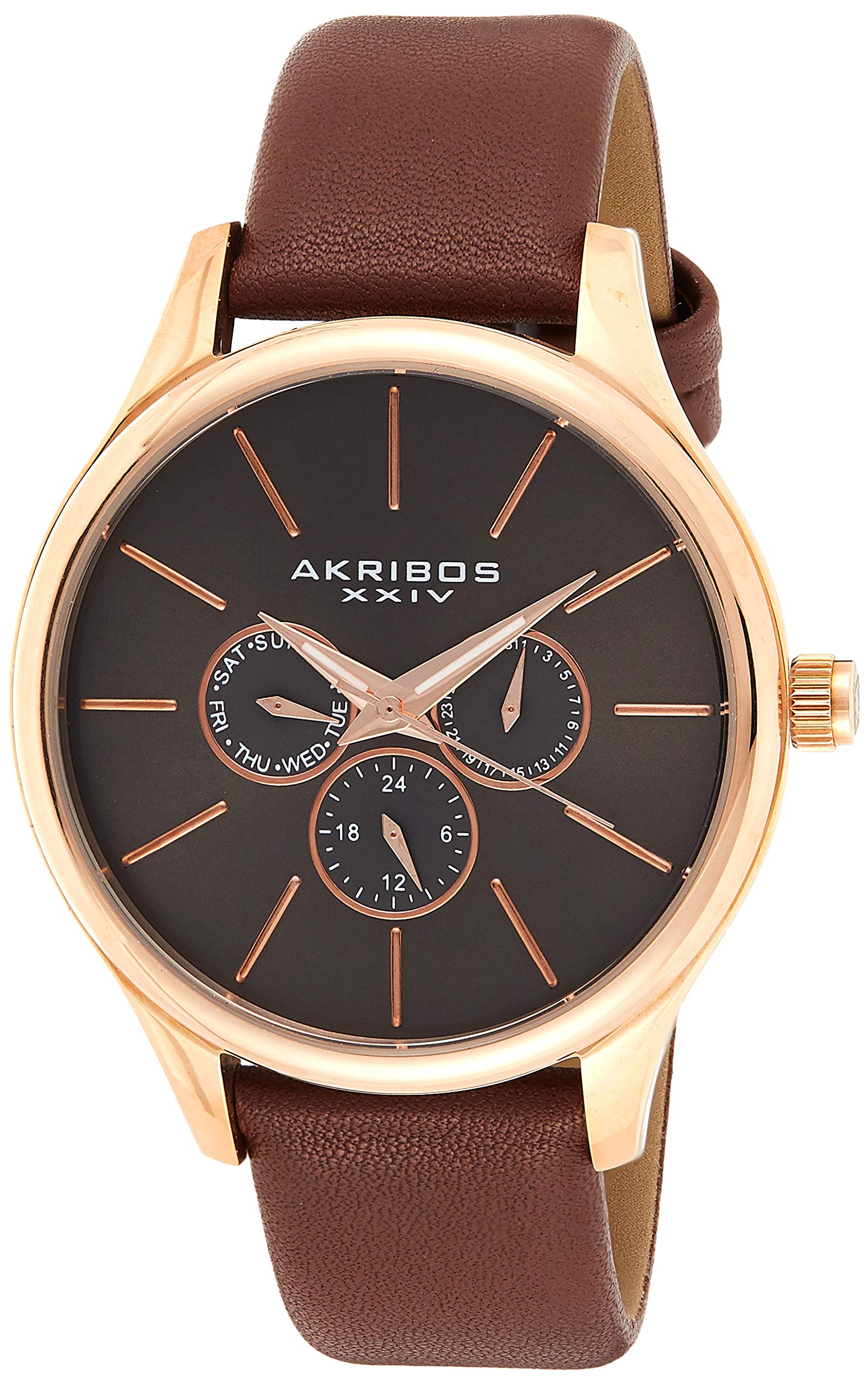 Akribos Men's Chronograph Watch with 3 Sub-Dials & Genuine Leather Strap - Luxury Analog Quartz Wristwatch for Business, Casual & Formal Occasions - AK870