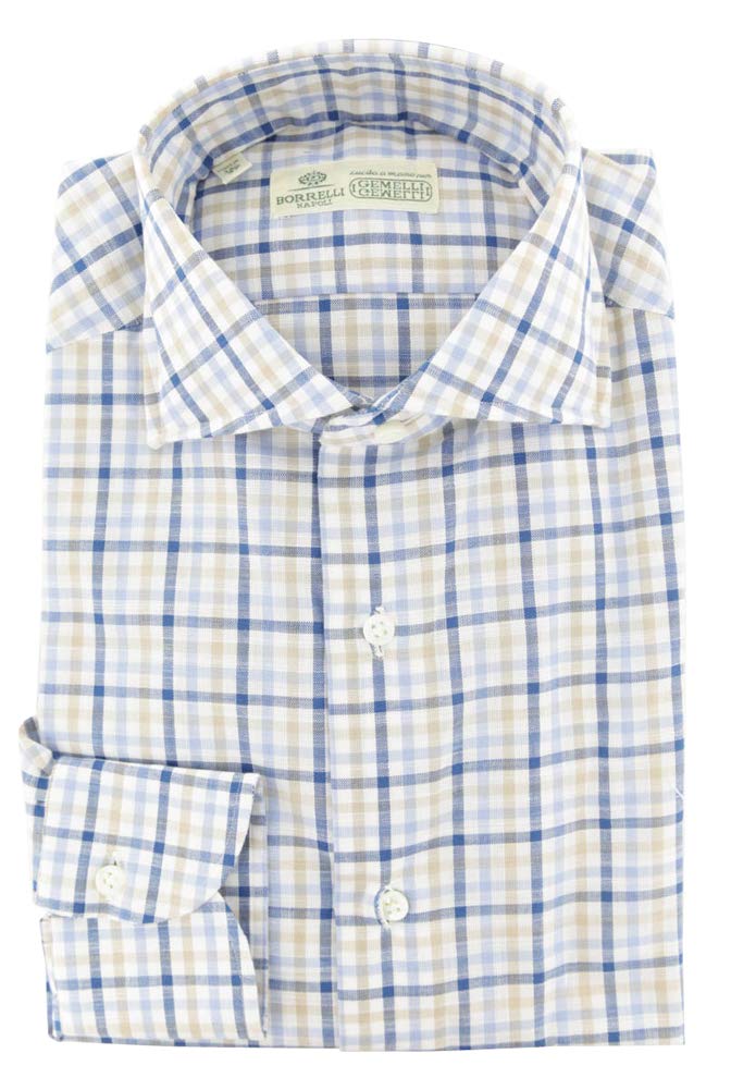 Luigi Borrelli Men's Blue Plaid Cotton Button-Down Shirt | Medium Spread Collar | Size 15.5/39 | Perfect for Business Casual & Office Wear