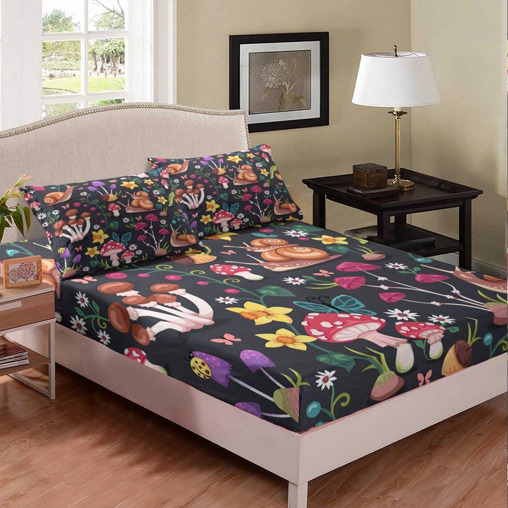 Brown Mushroom Rose Flower Twin Bed Sheet Set - Garden Theme Kids Bedding with Snail & Animal Prints, 2-Piece Fitted Sheet Set for Children's Room | Perfect for Nursery, Toddler Beds & Themed Bedrooms