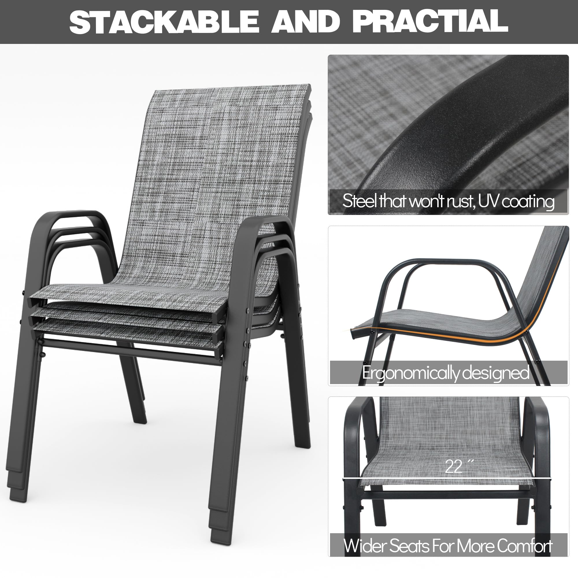 6-Piece Patio Chairs Set - Stackable All-Weather Outdoor Dining Chairs with Textilene Fabric & Sturdy Metal Frame - Perfect for Backyard, Deck, Garden & Poolside Relaxation