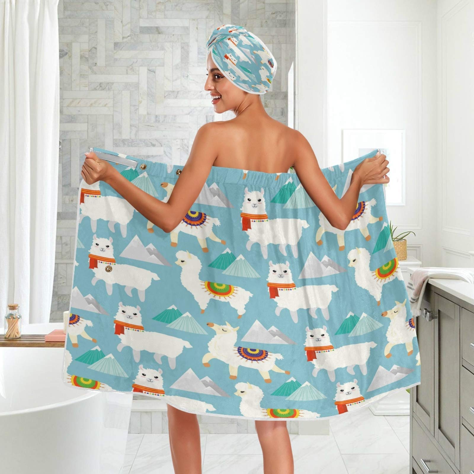 Women's Soft Spa Towel Wrap Set of 3 - Cute Cartoon Llama Bathrobe & Shower Body Wrap with Adjustable Belt | Perfect for Spa Day, Beach Cover Up & Relaxing at Home