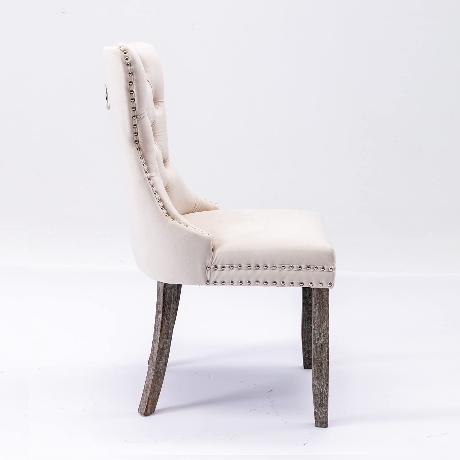 2 Pack Velvet Upholstered Dining Chairs - Solid Wood Tufted Back with Nailhead Trim & Ring Pull - Comfortable Padded Seating for Kitchen, Dining Room & Living Room - Elegant Beige Home Decor (Perfect for Small Spaces & Apartment Dining)
