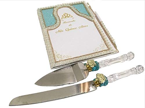 Turquoise Quinceañera Guest Book Set with Cake Knife & Server - Elegant 15th Birthday Party Guest Signing Book for Sweet 15 Celebrations, Wedding & Special Events