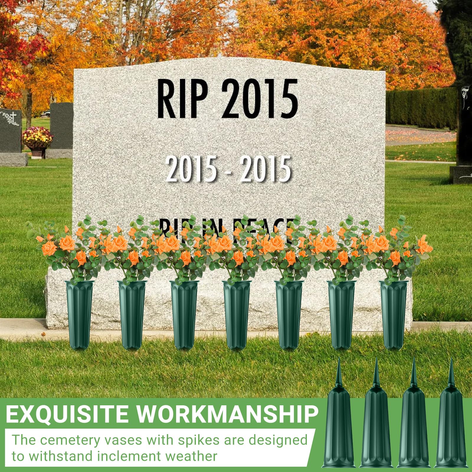 20 Pack Green Plastic Cemetery Vases with Spikes - Durable Grave Flower Holders for Memorial Decorations, Floral Arrangement Vases for Headstones - Perfect for Graveside Tributes & Cemetery Displays