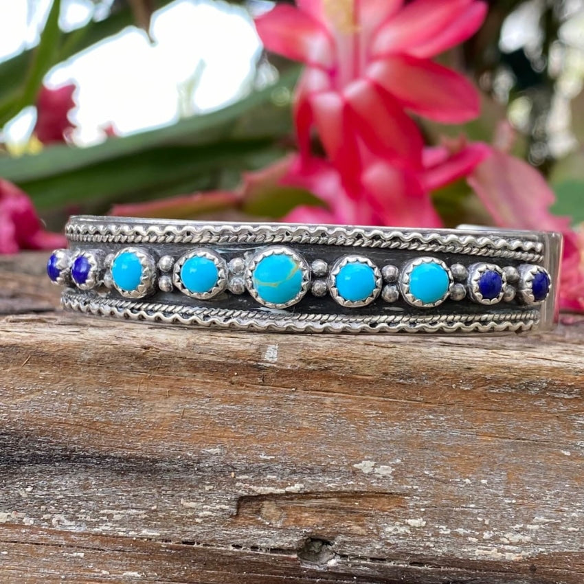 Turquoise and Lapis Lazuli Beaded Bracelet - Sterling Silver Navajo Running Bear Design - Handmade Boho Jewelry for Women - Perfect for Festivals, Boho Outfits, and Gift Giving