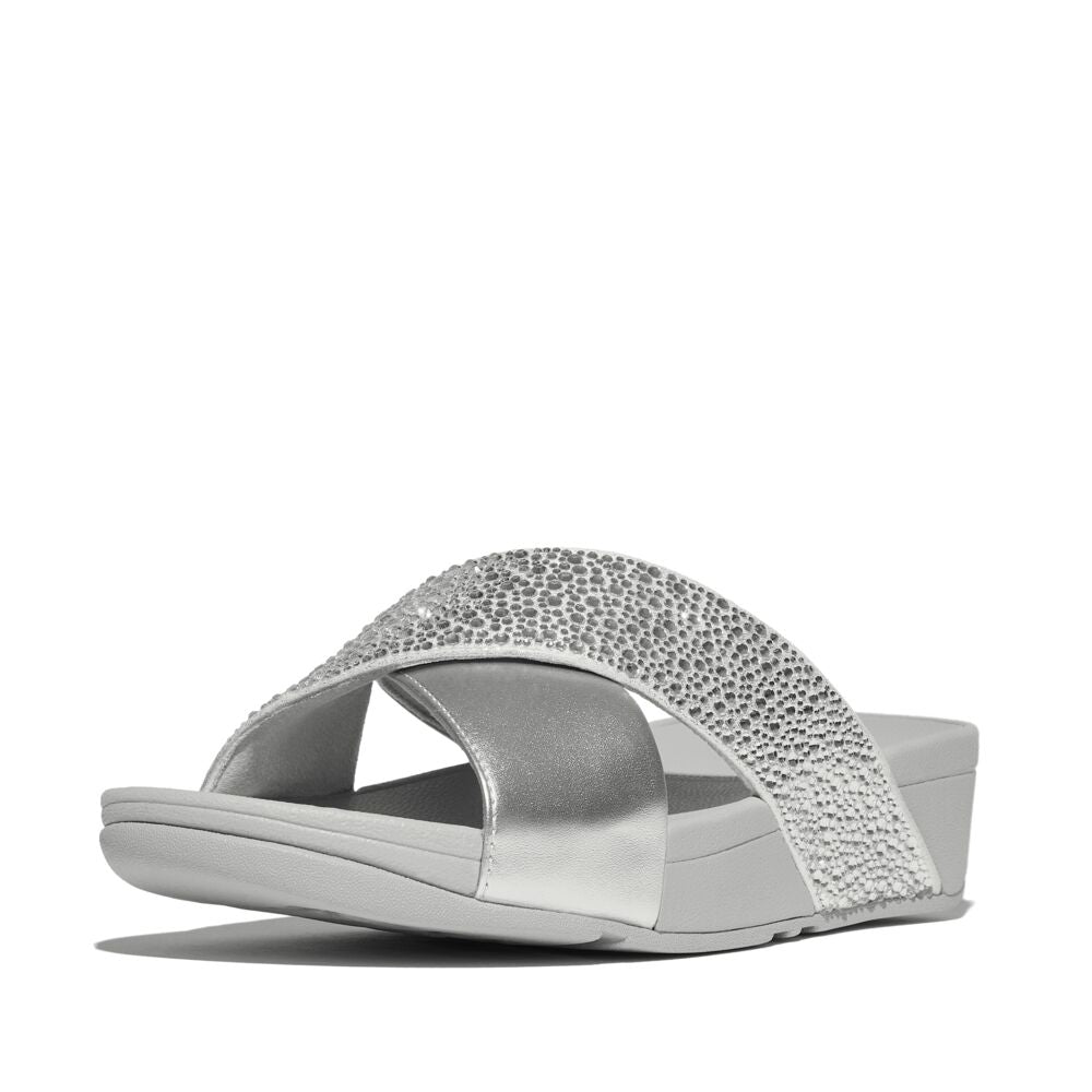 FitFlop Lulu Crystal Mix Slide Sandals for Women - Comfortable Summer Beach Shoes with Glitter Straps, Silver | Perfect for Poolside, Vacation & Casual Outings