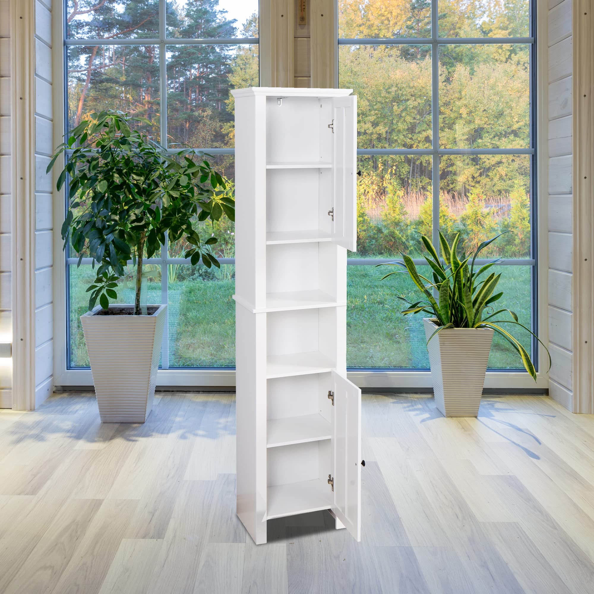 Tall Narrow Bathroom Storage Cabinet with 2 Shutter Doors & 6 Shelves - White - Space-Saving Organizer for Bathroom, Kitchen, Living Room & Laundry Room