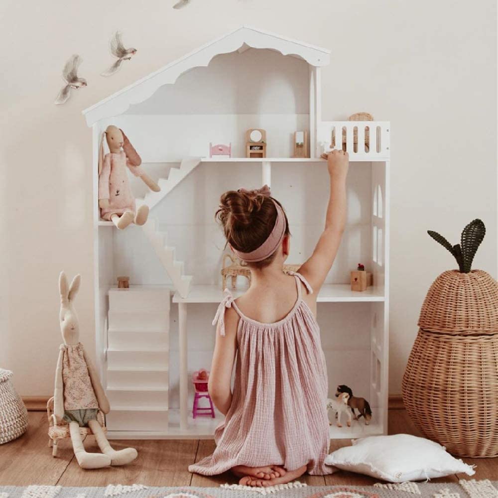 **Wooden Dollhouse Bookshelf - 3-Tier Kids Bookcase for Books & Toys Storage | Children's Furniture for Study, Living Room & Bedroom | White Nursery & Playroom Organizer**