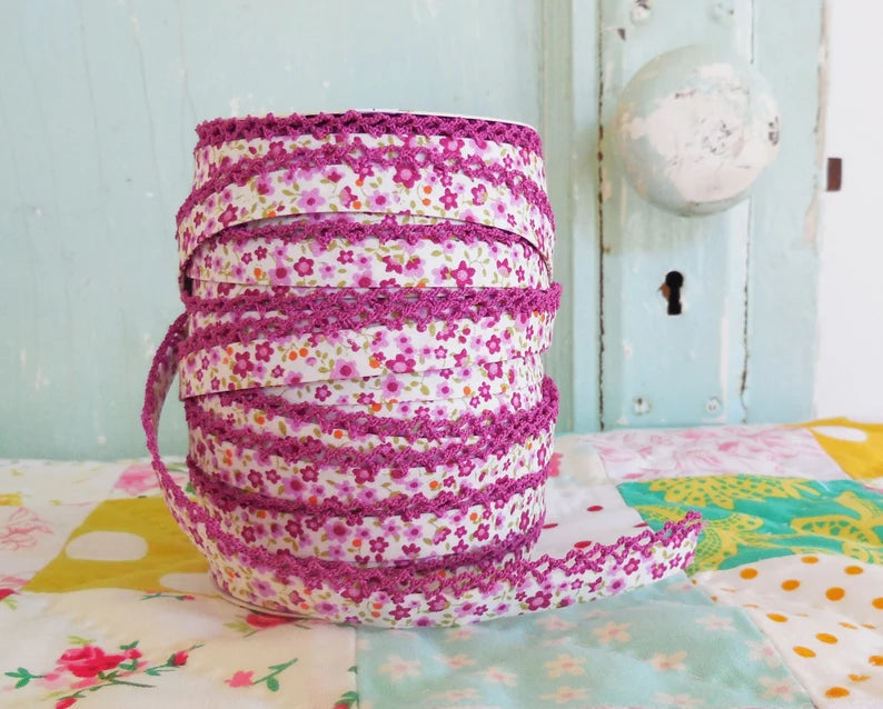 Purple Violet Fuschia Floral Double Fold Lace Bias Tape by the Yard - Perfect for Sewing, Quilting, and DIY Craft Projects