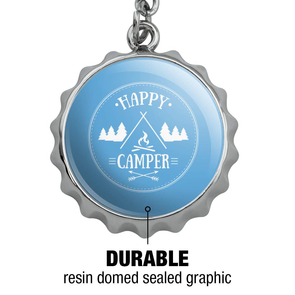 Happy Camper Campfire Keychain - Chrome Plated Metal Bottle Opener with Pop Top - Perfect for Camping, Hiking, Outdoor Adventures & Gifts