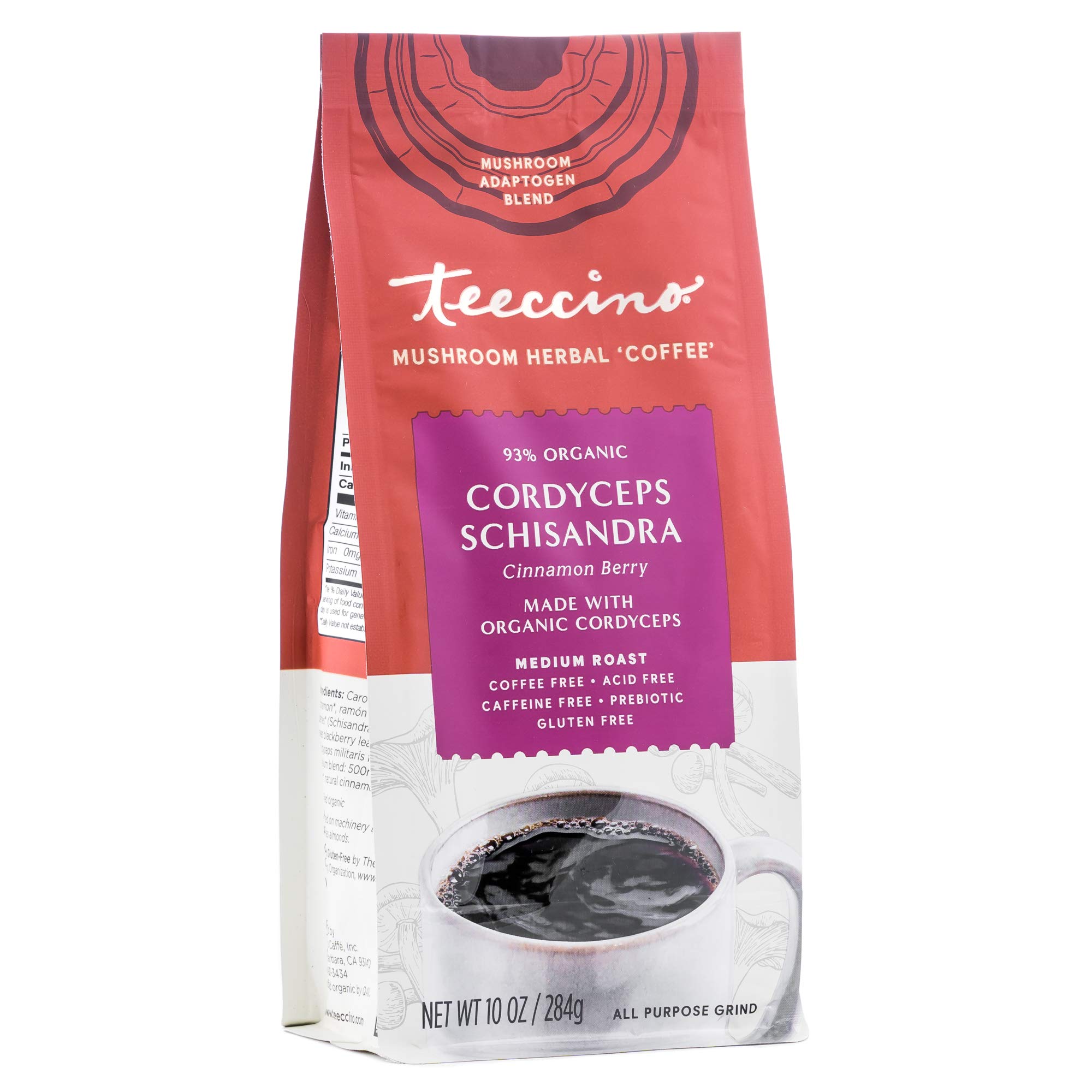 Teeccino Cordyceps Schisandra Herbal Coffee Alternative - Cinnamon Berry Flavor | Caffeine-Free, Prebiotic, Acid-Free, Gluten-Free Mushroom Coffee | Adaptogenic Energy Boost | 10oz Bag - Perfect for Morning Routine & Healthy Lifestyle
