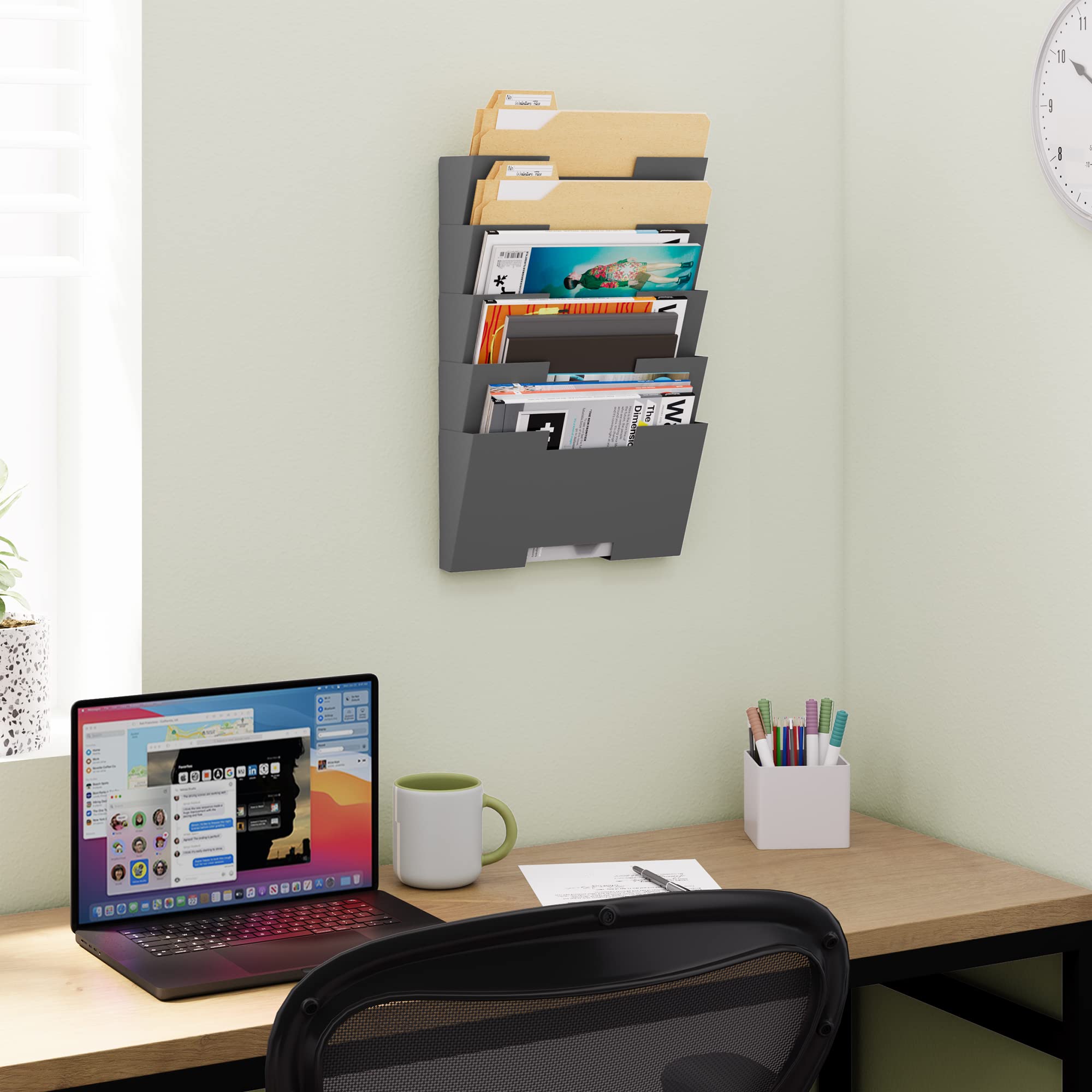 Wallniture Lisbon 5-Tier Metal Wall File Organizer - Letter Size File Holder, Magazine Rack & Office Decor in Gray - Perfect for Home Office Organization & Stylish Workspace Storage