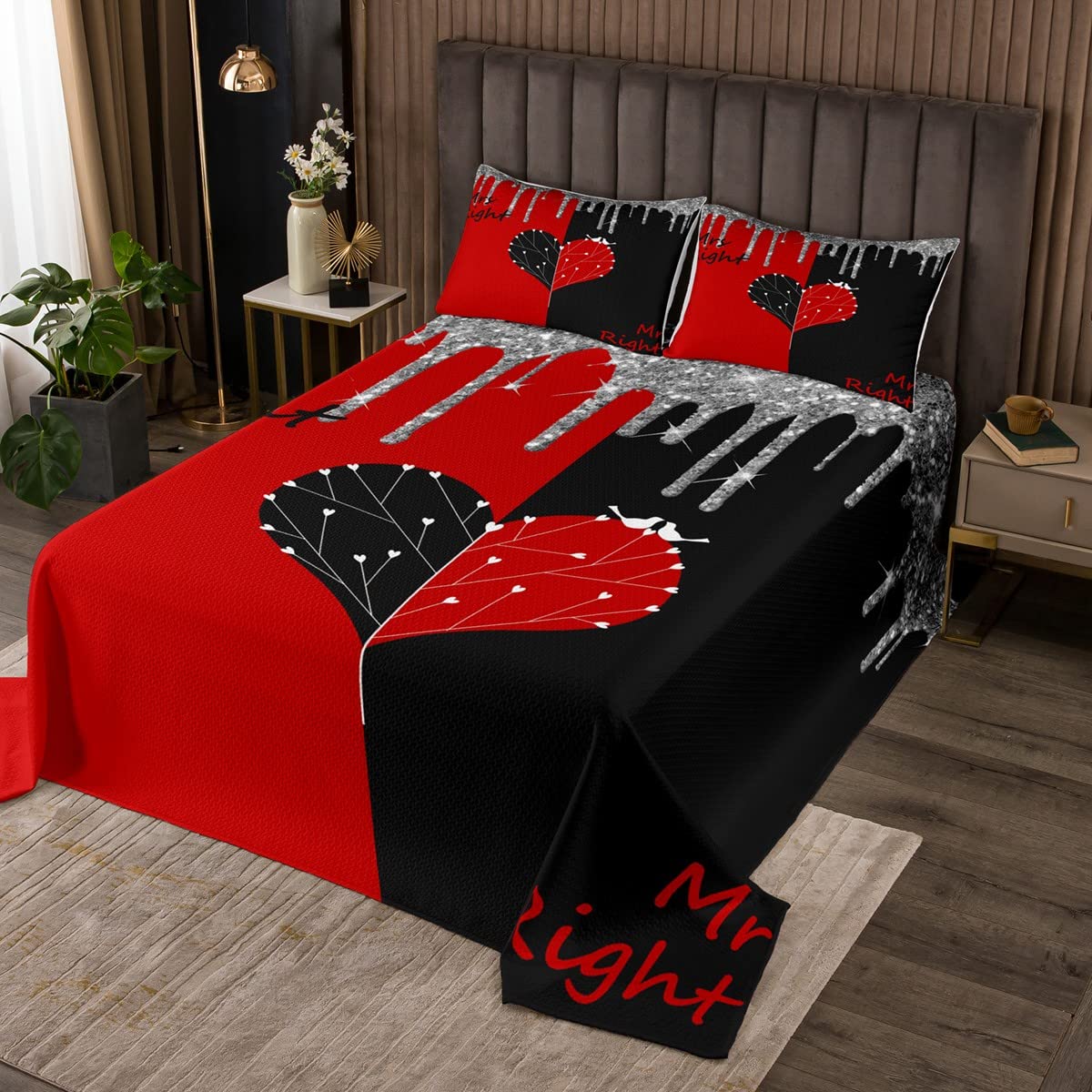 Romantic Red & Black Lovebirds Comforter Set - Twin Size Bedspread for Couples, Valentine's Day & Wedding Decor | Modern Glitter Quilt with 2-Piece Coverlet & Pillowcase | Perfect for Master Bedroom, Guest Room & Anniversary Gifts