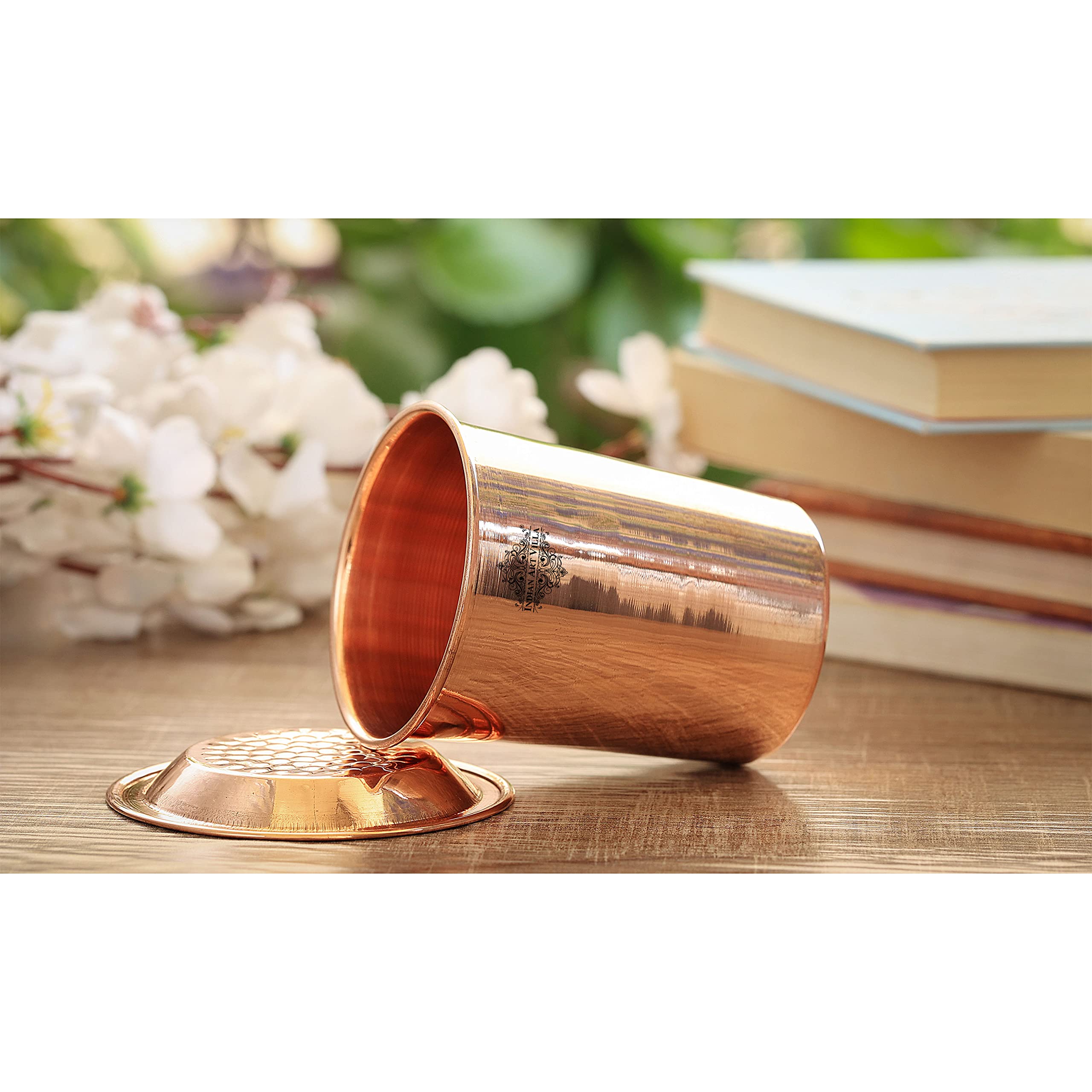 Pure Copper Glass Tumbler with Lid - 10 oz Capacity Set of 6 - Indian Handcrafted Goblet Cups for Water, Juice & Beverages - Perfect for Home, Hotel, Restaurant & Kitchen Dining Use