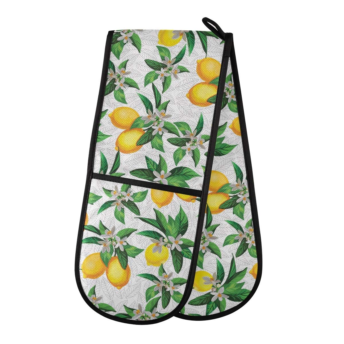 Quilted Double Oven Mitts - Heat Resistant Lemon White Floral Pattern Hot Gloves for Baking, Grilling, BBQ & Kitchen Use - Perfect for Baking Cookies, Roasting Turkey & Handling Hot Pans