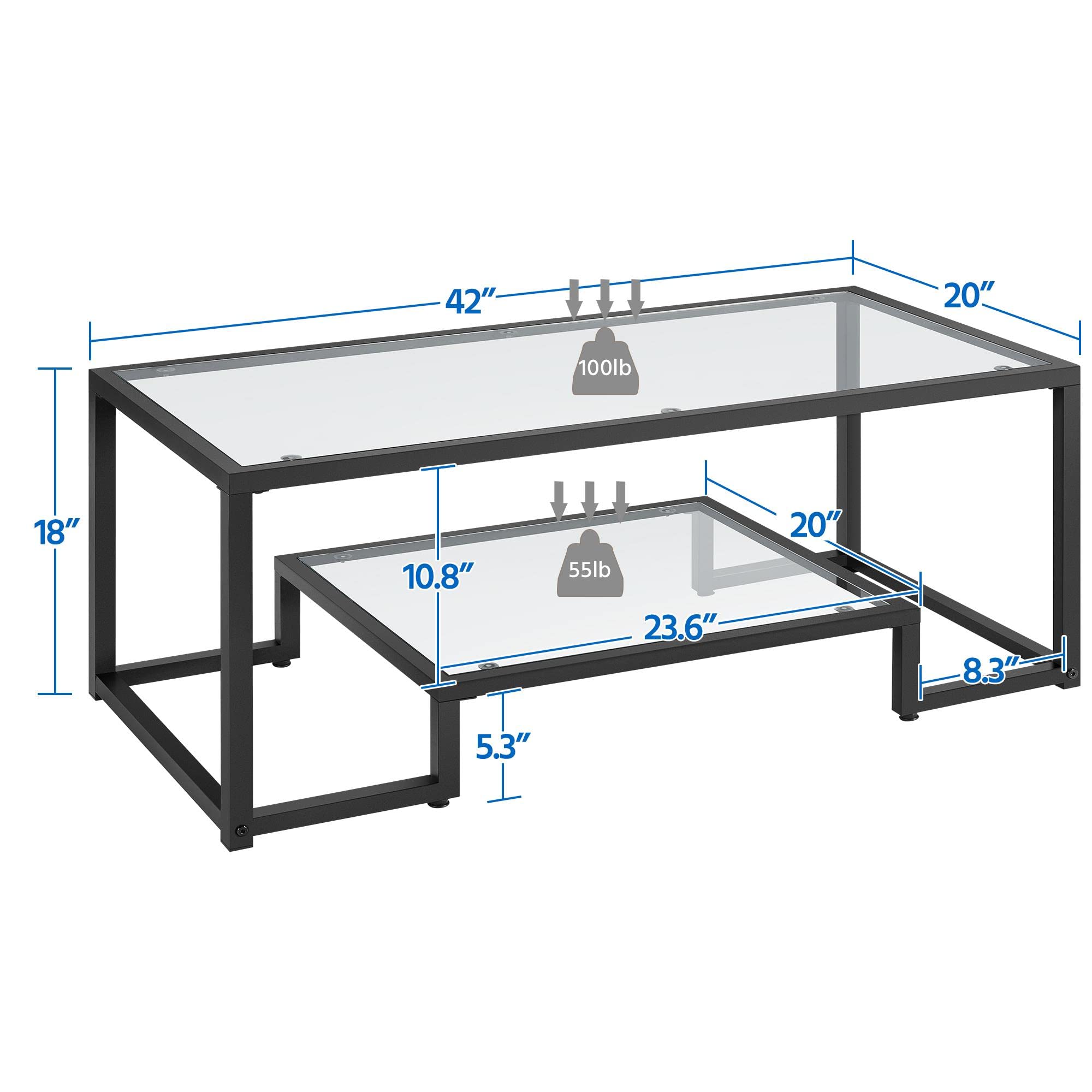 Topeakmart 2-Tier Modern Coffee Table with Tempered Glass Top & Sturdy Metal Frame - Side Table with Storage Shelf for Living Room, Office - Perfect for Displaying Decor, Books & Magazines