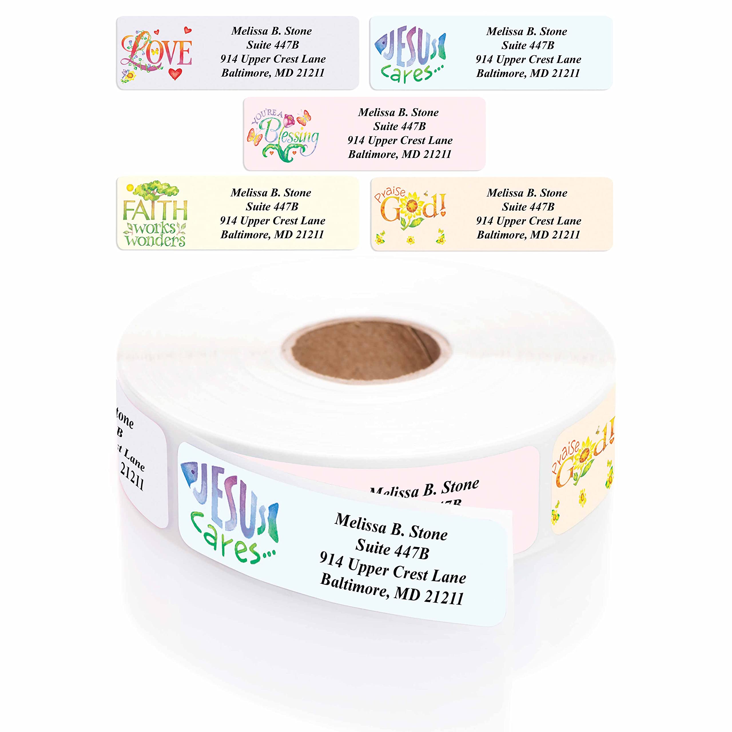 Faithful Expressions Designer Assorted Rolled Address Labels with Elegant Plastic Dispenser - Perfect for Wedding Invitations, Business Mail & Holiday Cards