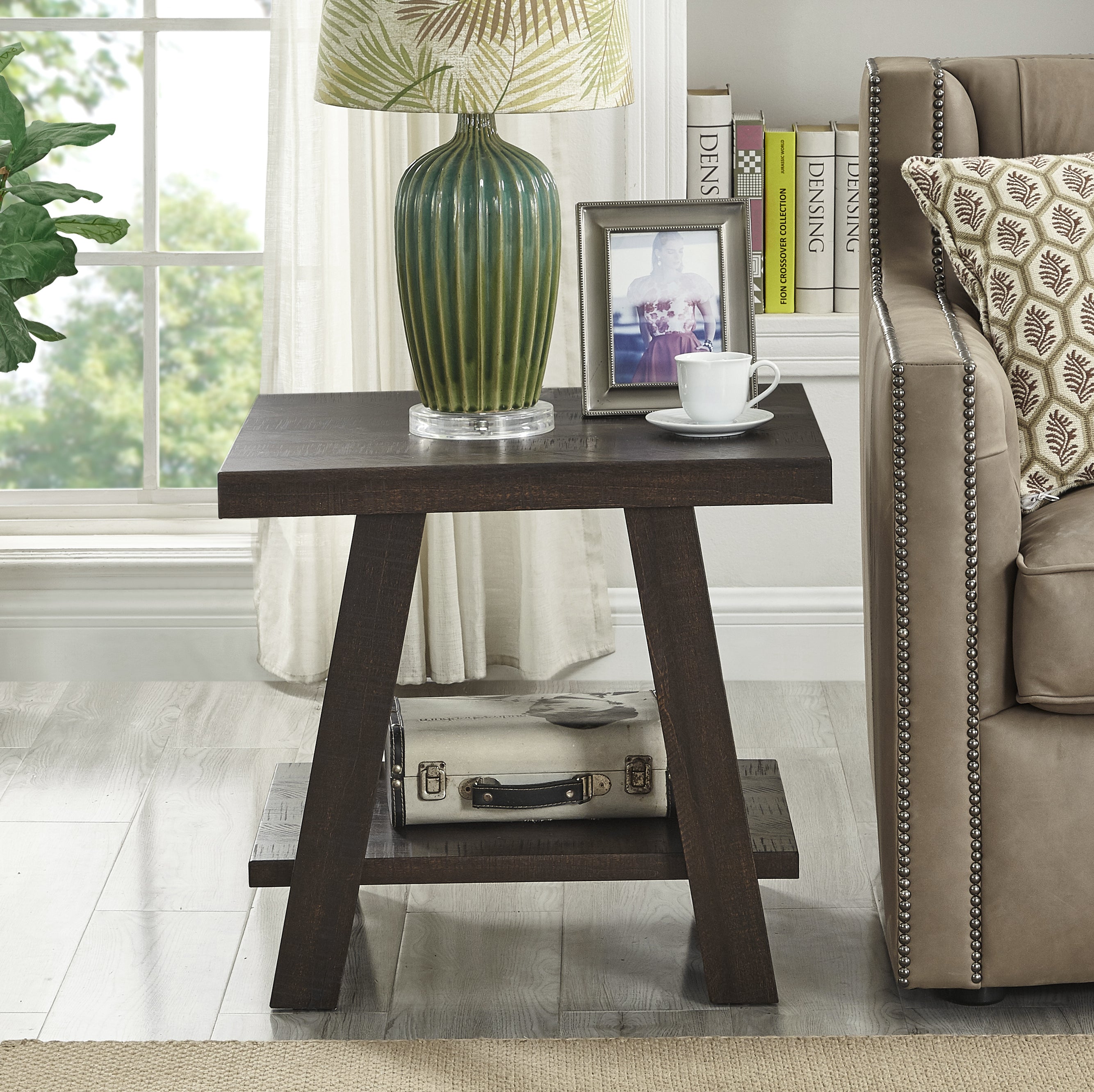 Roundhill Furniture Athens Contemporary Wood Shelf End Table in Weathered Espresso - Modern Side Table for Living Room, Bedroom & Office - Perfect for Displaying Books, Lamps & Decor