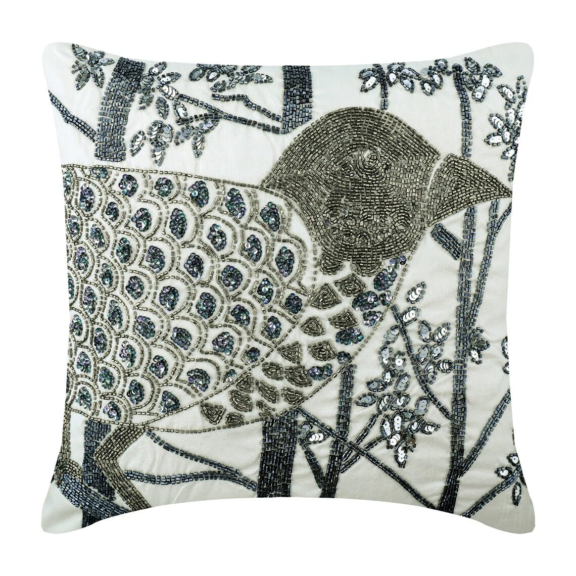 22x22 Inch Ivory Sequins & Beaded Birds Pillow Cover for Couch - Floral Art Silk Square Throw Pillow Case (55x55 cm) | Perfect for Living Room Decor, Sofa Accent & Home Styling