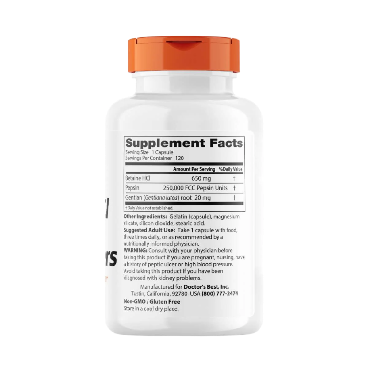 Doctor's Best Betaine HCL with Pepsin & Gentian Bitters Supplement - 120 Capsules for Digestive Support, Acid Reflux Relief & Gut Health | Supports Protein Digestion & Nutrient Absorption