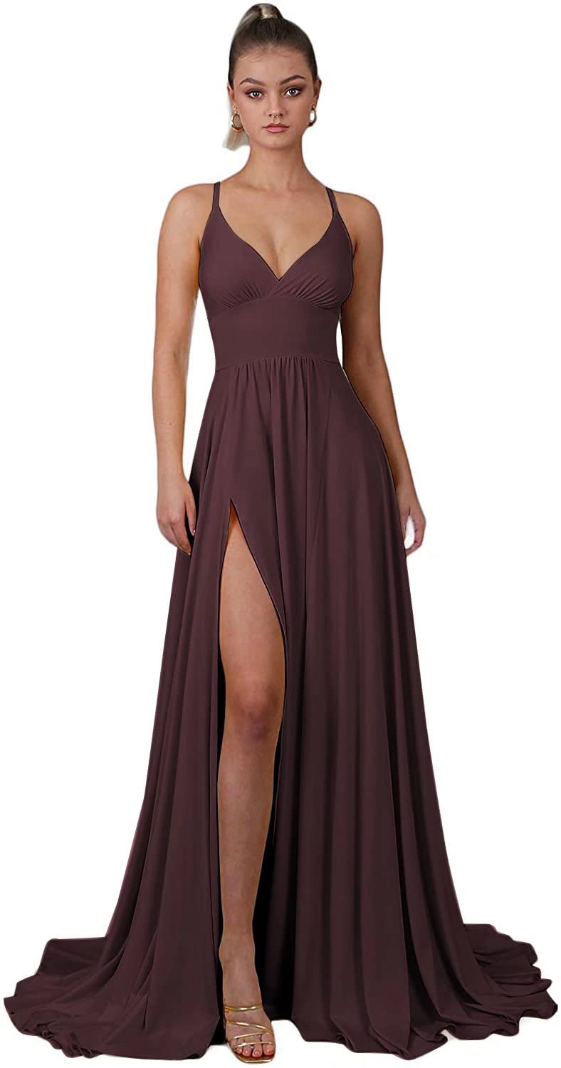 Elegant Spaghetti Straps V-Neck Bridesmaid Dresses - Long A-Line Formal Evening Gown with High Slit | Perfect for Weddings, Proms & Special Occasions