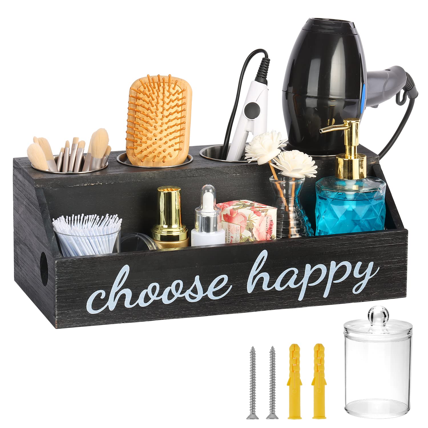5 Compartment Hair Tool Organizer - Wall Mounted or Countertop Rustic Black Wood Bathroom Storage for Hair Dryer, Curling Iron & Hot Styling Tools | Perfect for Vanity Cabinet, Bathroom & Salon Organization