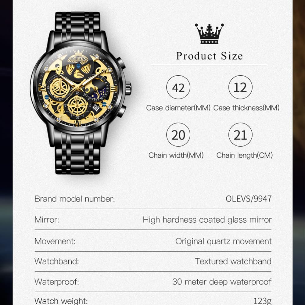 OLEVS Men's Skeleton Stainless Steel Chronograph Watch - Waterproof Analog Wristwatch with Date Display | Luxury Business Dress Watch for Men (Blue/Black/Gold/White) | Perfect for Office, Formal Events & Everyday Wear