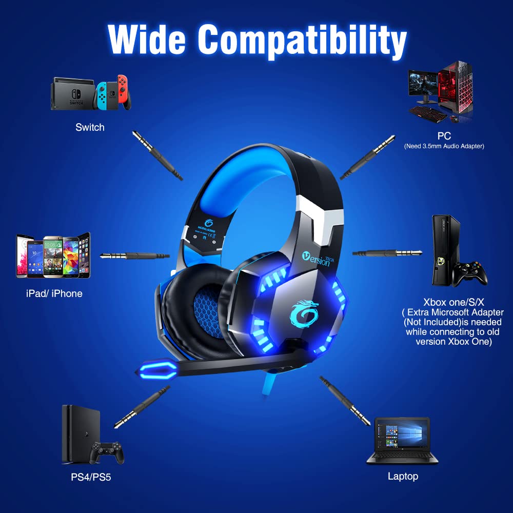 VersionTECH. G2000 Wireless Gaming Headset with Noise Cancelling Mic - Compatible with PS5, PS4, Xbox Series X/S, Xbox One, Nintendo Switch, PC & Mac - Over-Ear LED Headphones with Bass Surround Sound for Immersive Gaming Experience (Perfect for FPS, RPG & Online Multiplayer Games)