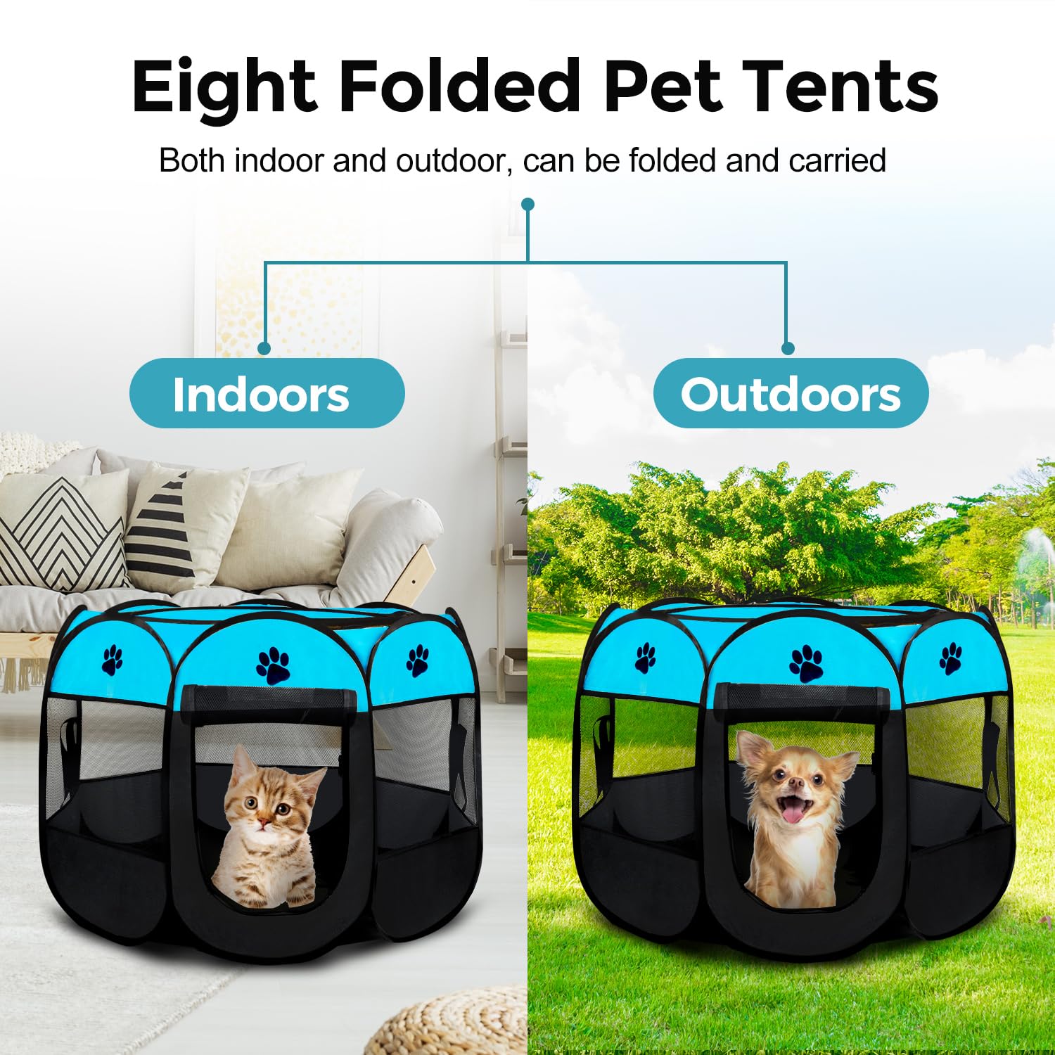 Foldable Portable Pet Playpen for Dogs & Cats - Small, Medium & Large Sizes - Indoor/Outdoor Pop-Up Kennel Tent for Travel, Camping & Home Use (Blue, 28