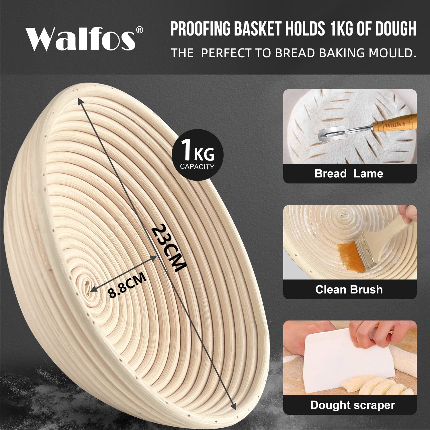 Walfos 23cm Round Banneton Proofing Basket Set - 100% Natural Rattan Sourdough Bread Basket with Lame, Dough Scraper, Liner & Accessories for Artisan Bread Baking | Perfect for Home Bakers & Professional Bakeries