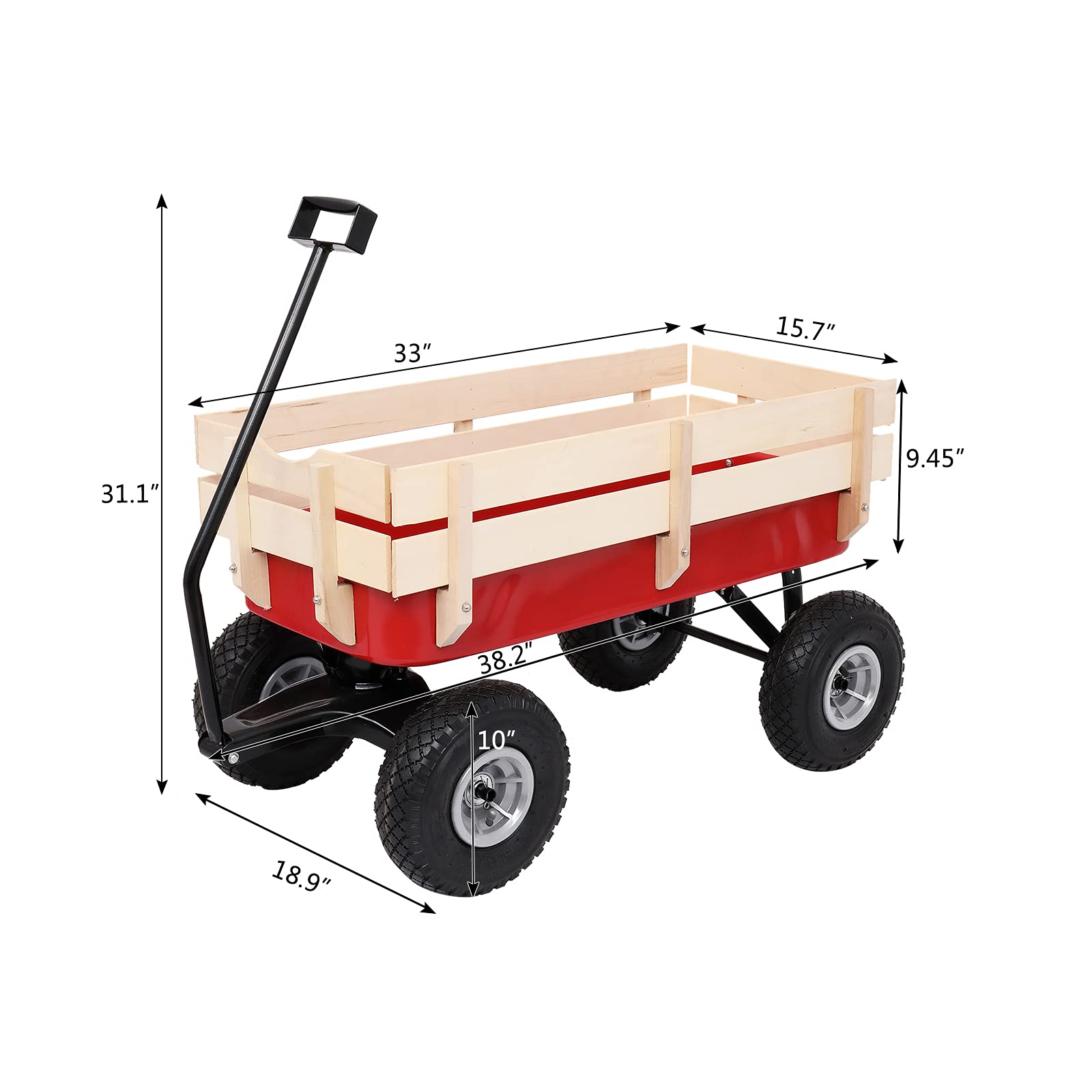 VINGLI All Terrain Deck Wagon with Wood Railing - Heavy Duty Outdoor Garden Utility Cart with 10