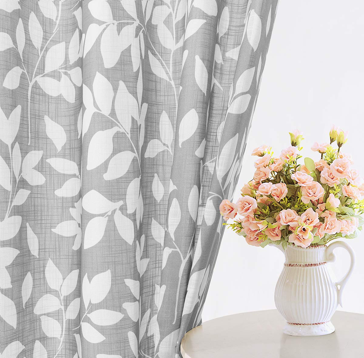 Treatmentex Grey Leaf Print Kitchen Curtains Set - 24 Inch Small Window Curtains for Basement (2 Panels) | Perfect for Kitchen Windows, Bathroom Decor & Small Apartment Living Spaces