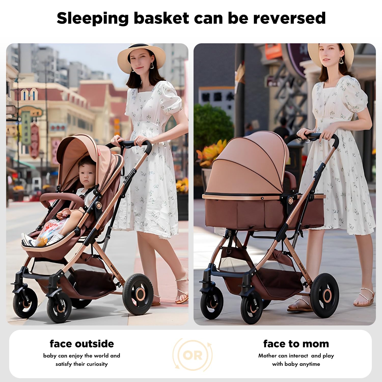 2 in 1 Convertible Baby Stroller & Bassinet - Reversible Newborn Pram with Adjustable Canopy | Foldable Lightweight Pushchair for Infants & Toddlers | Shock-Absorbent Wheels for Smooth Rides | Perfect for City Walks, Shopping & Travel