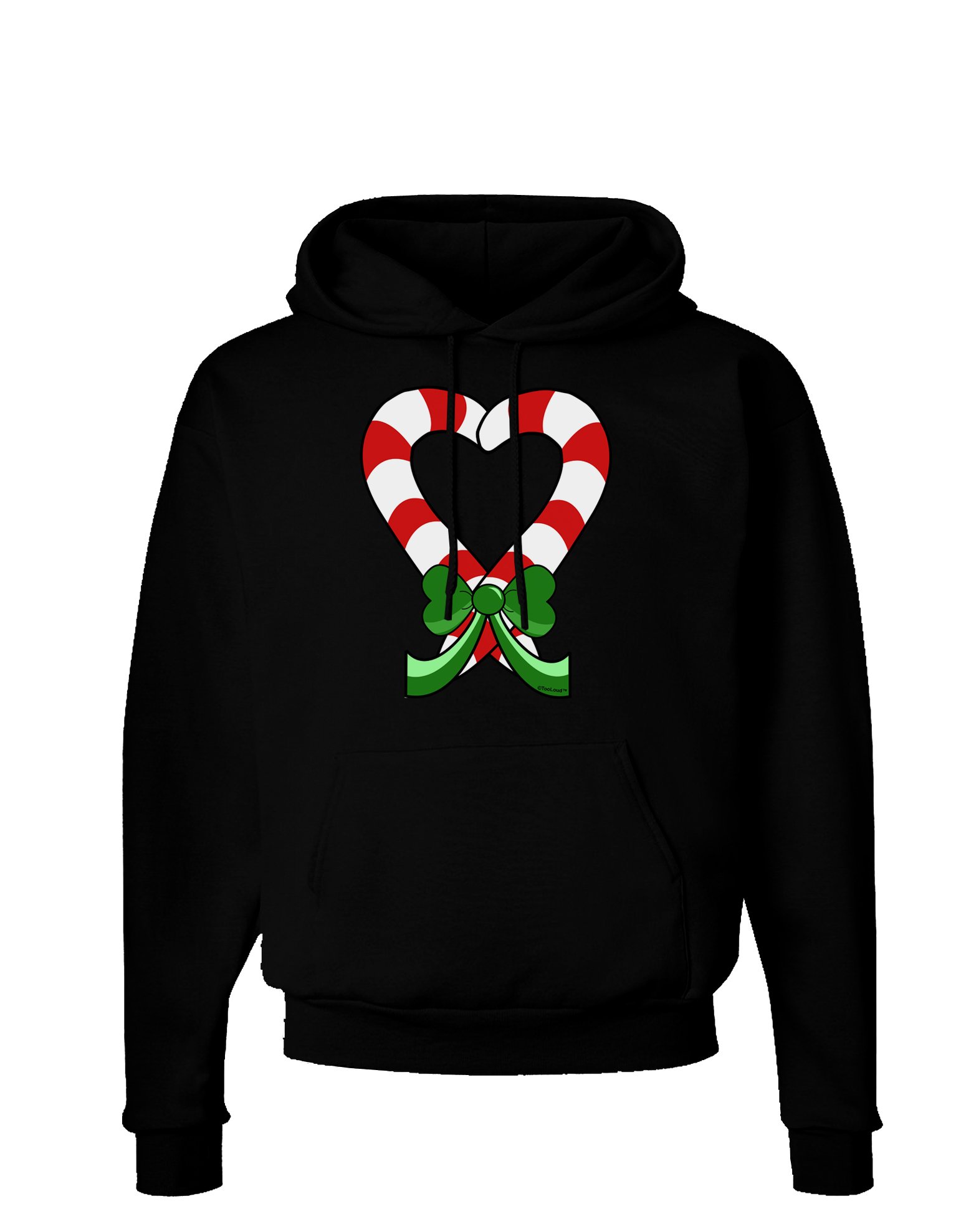 TooLoud Candy Cane Heart Christmas Hoodie - Dark Pullover Sweatshirt with Hood & Pockets | Holiday Party Outfit, Winter Streetwear, Cozy Gift Idea