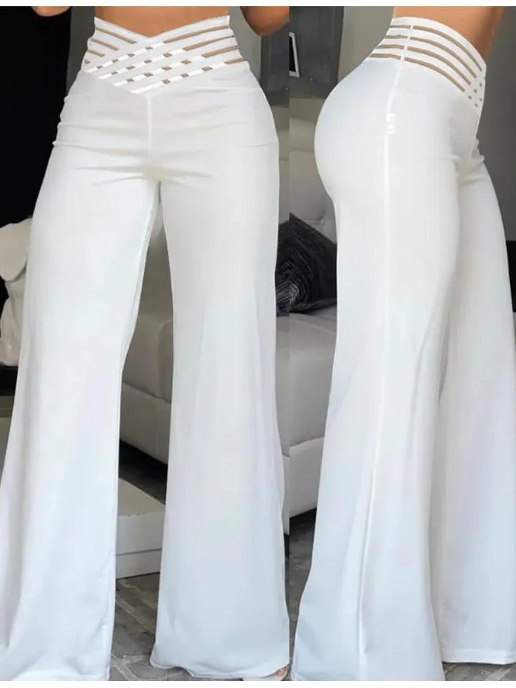 Elegant High Waist Flared Women's Pants - Office & Casual Crisscross Sheer Mesh Patch Trousers for Work, Party & Everyday Wear