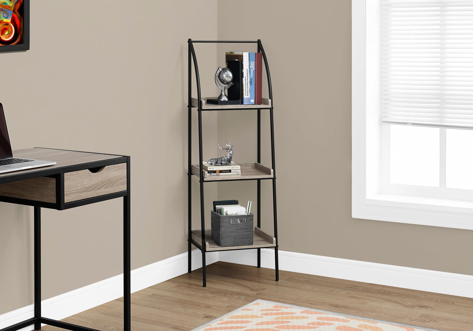 48H Dark Taupe Bookcase with Black Metal Frame - Modern Bookshelf for Living Room, Office & Bedroom Storage