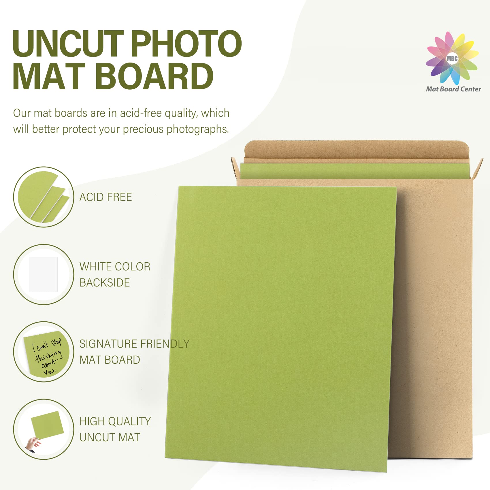 10 Pack 8x10 Uncut Photo Mat Boards - Olive Green Matte Backing Boards for Pictures, Prints, Frames & Artwork | Perfect for DIY Framing, Scrapbooking & Home Decor Projects