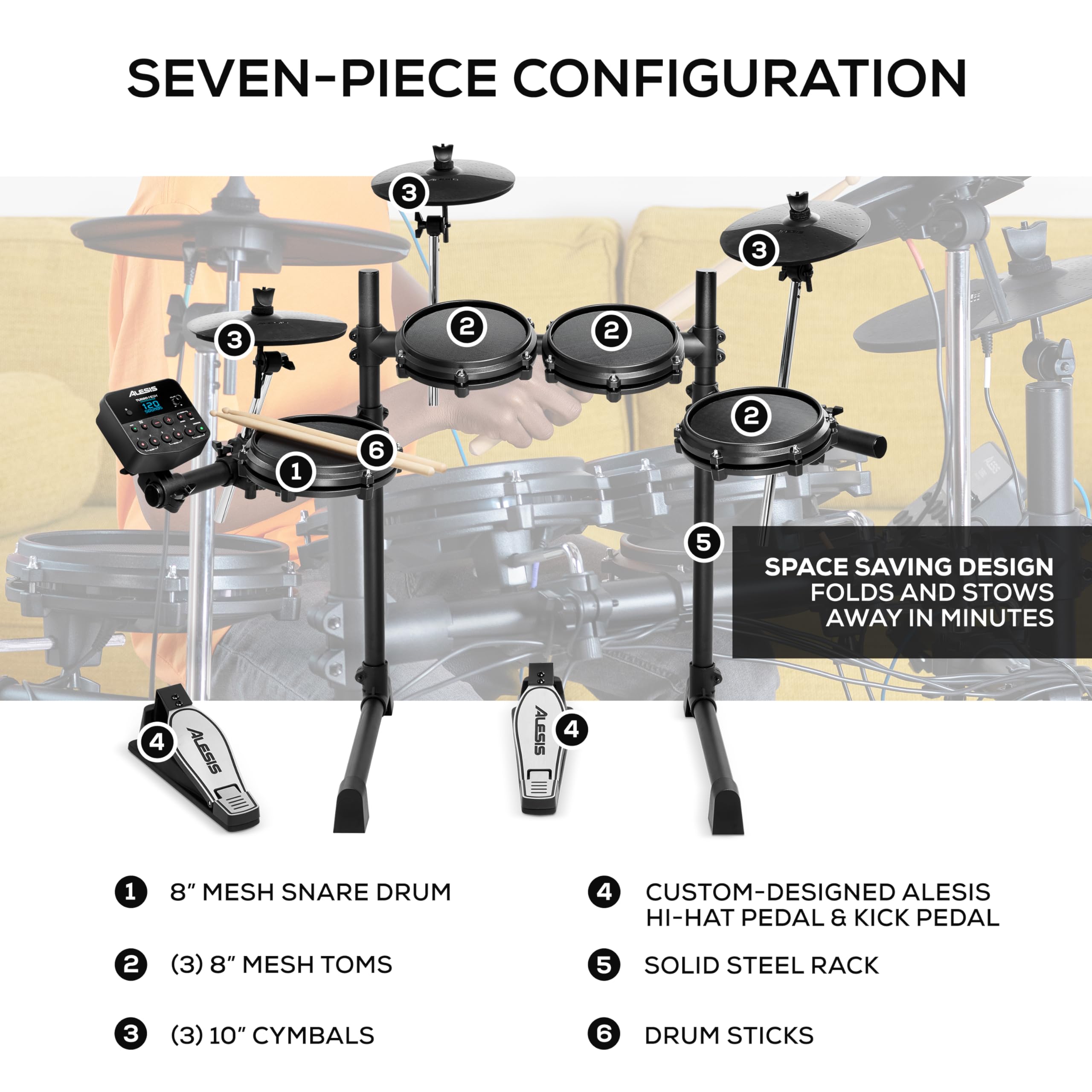 Alesis Turbo Mesh Kit & Numark HF125 - Electric Drum Set with 100+ Sounds, Mesh Pads, Headphones, Drumsticks & Lessons | Perfect for Beginners, Home Practice & Studio Recording