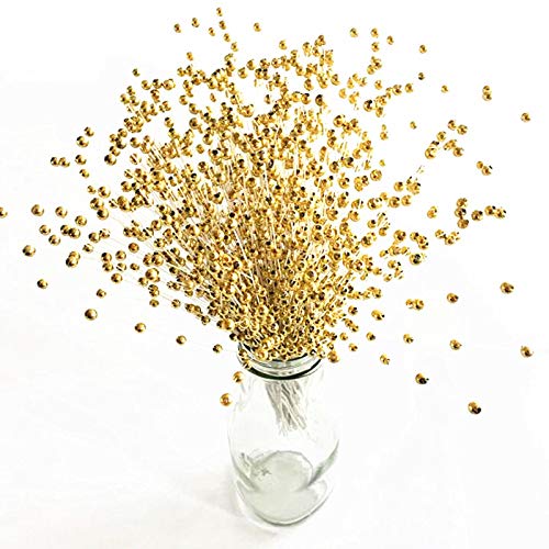 100 Stems Gold Faux Pearl Spray Beads Wire Stems - Wedding Bouquet Decor, Bridal Centerpieces, Party Table Arrangements for Baby Showers, Anniversary & Home Decor