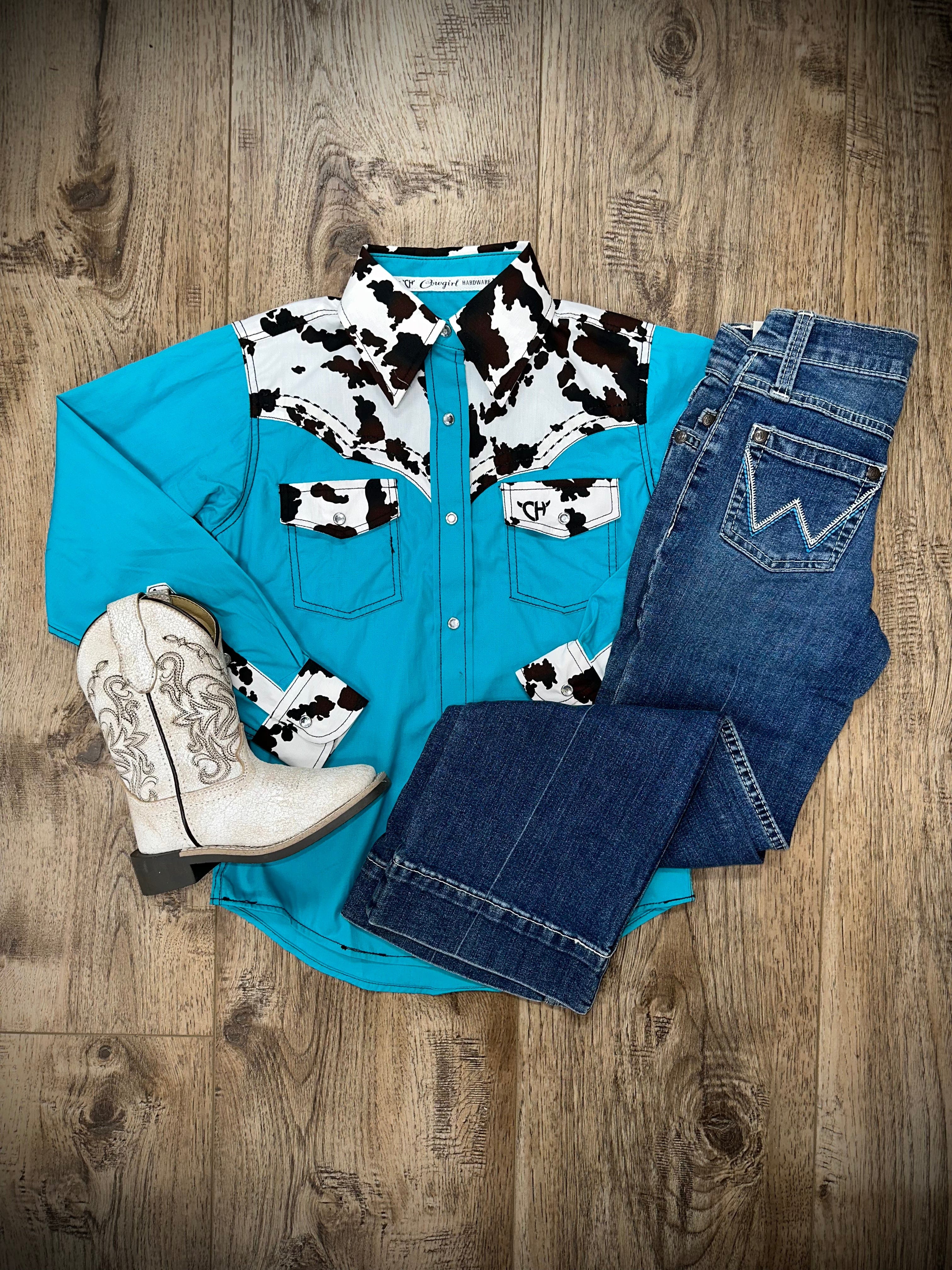 Girl's Moody Cow Print Turquoise T-Shirt - Trendy Graphic Tee for Casual Wear & School Outfits